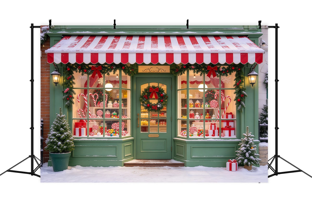 Christmas Candy Cane Backdrop Snow Green Sweetshop Facade Merry Christmas Backdrop GQ610-50