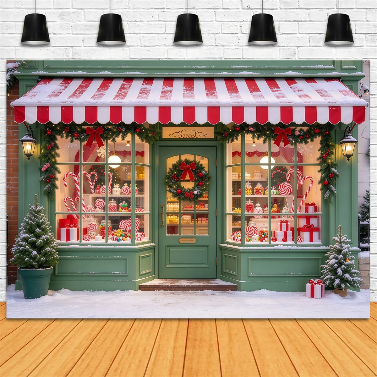 Christmas Candy Cane Backdrop Snow Green Sweetshop Facade Merry Christmas Backdrop GQ610-50
