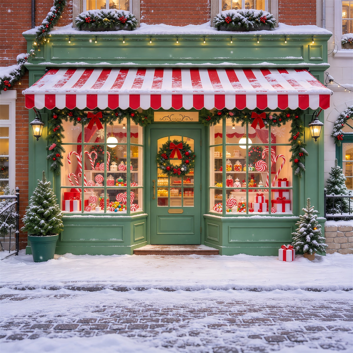 Christmas Candy Cane Backdrop Snow Green Sweetshop Facade Merry Christmas Backdrop GQ610-50