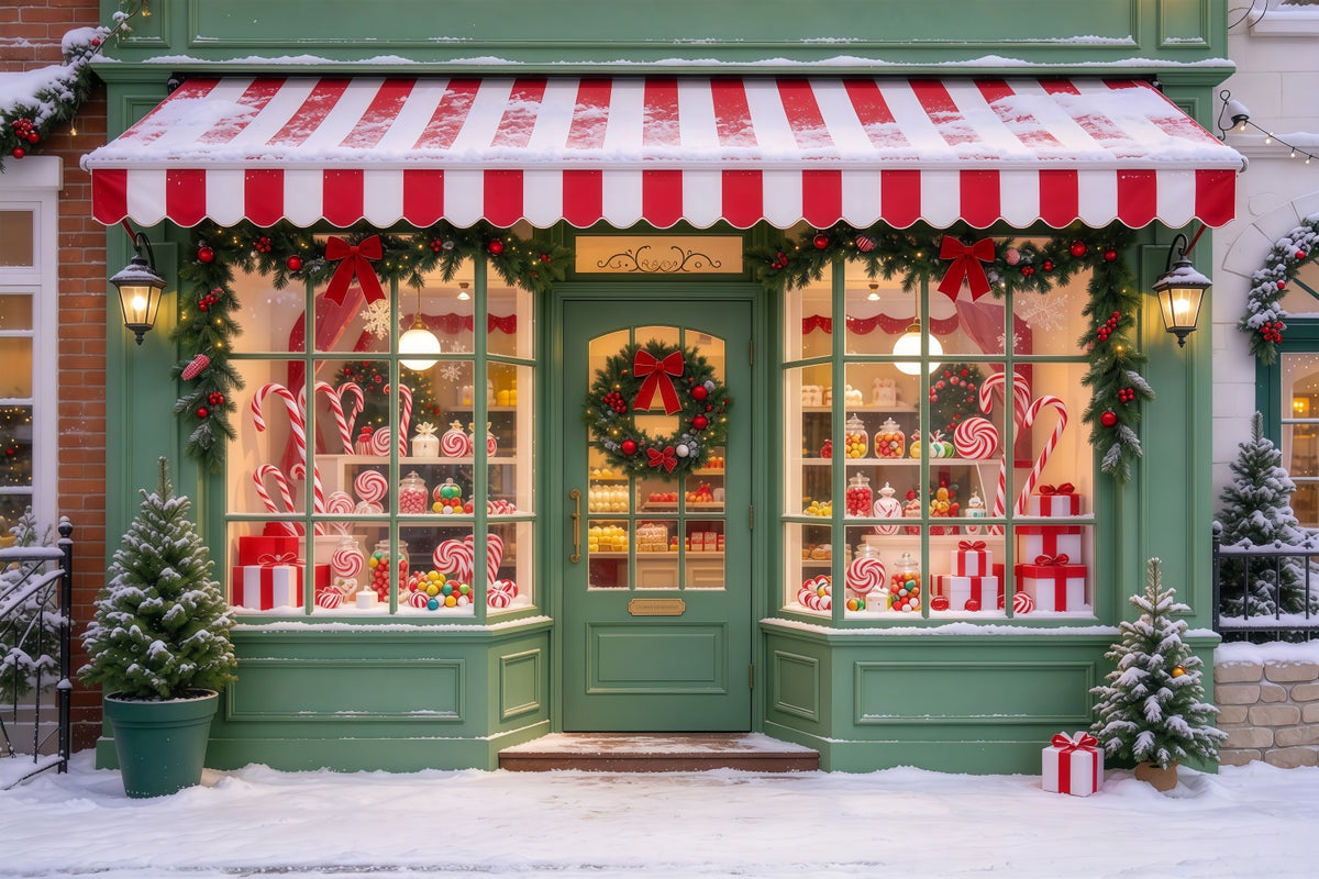Christmas Candy Cane Backdrop Snow Green Sweetshop Facade Merry Christmas Backdrop GQ610-50