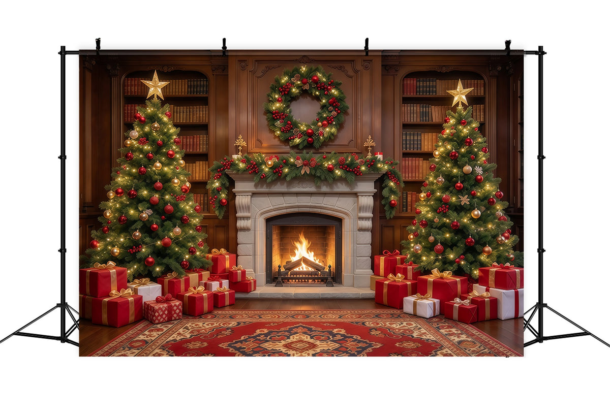 Christmas Backdrops for Photography Twin Trees Festive Fireplace Christmas Fireplace Backdrop GQ610-51