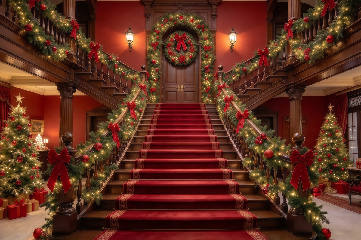 Christmas Scene Backdrop Garland Red Carpet Staircase Christmas Staircase Backdrop GQ610-55