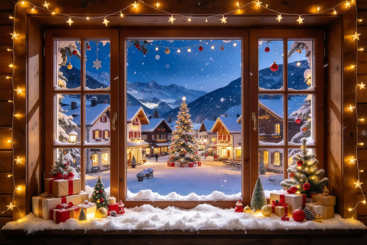 Winter Christmas Backdrop Snowy Alpine House Window Christmas Village Backdrops GQ610-57