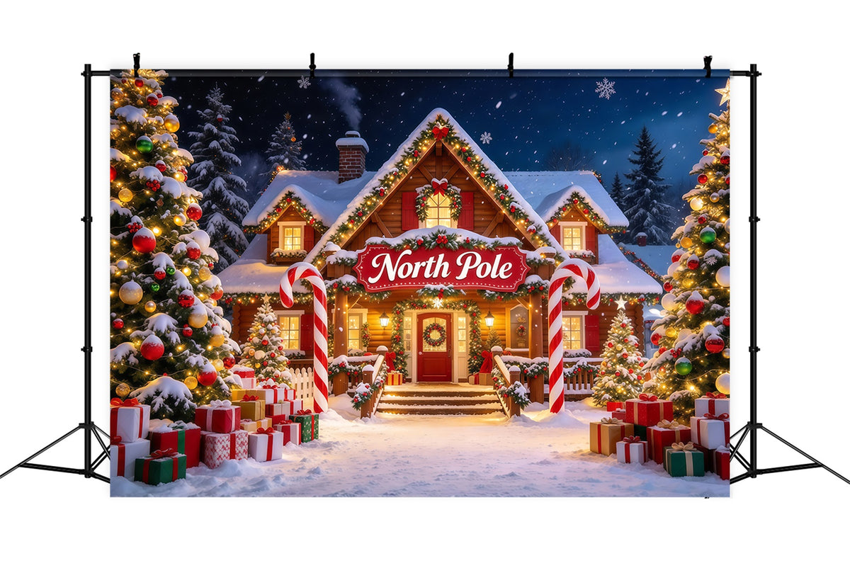 North Pole Photo Backdrop Snowy Lodge Candy Cane Arch Professional Christmas Backdrop GQ610-6
