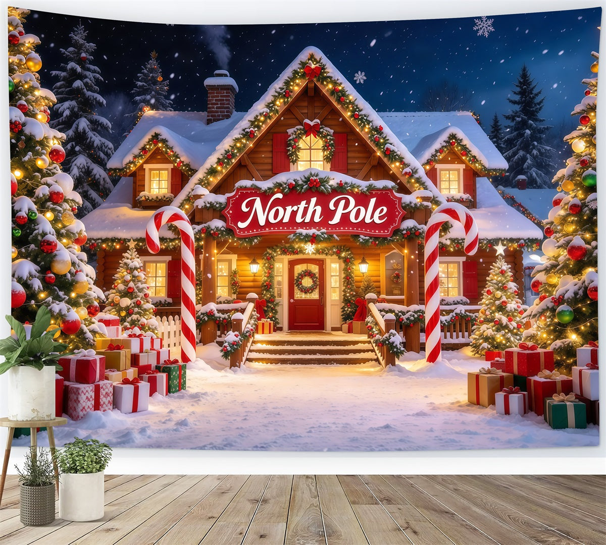 North Pole Photo Backdrop Snowy Lodge Candy Cane Arch Professional Christmas Backdrop GQ610-6