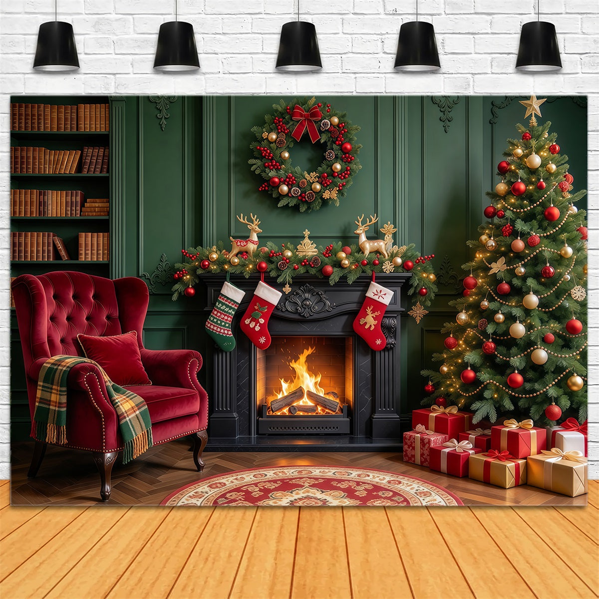 Christmas Fireplace Backdrops Emerald Fireplace Stocking Lounge Christmas Scene Backdrop GQ610-60
