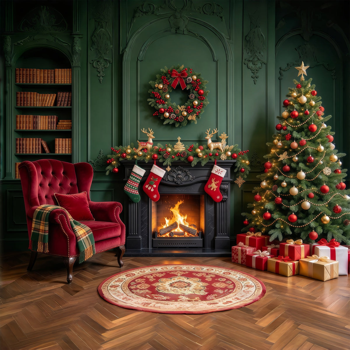 Christmas Fireplace Backdrops Emerald Fireplace Stocking Lounge Christmas Scene Backdrop GQ610-60