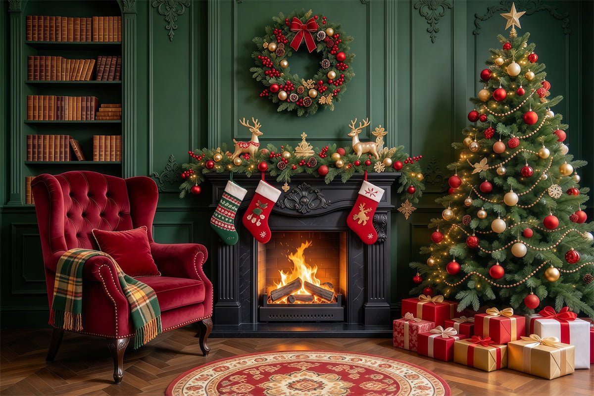 Christmas Fireplace Backdrops Emerald Fireplace Stocking Lounge Christmas Scene Backdrop GQ610-60