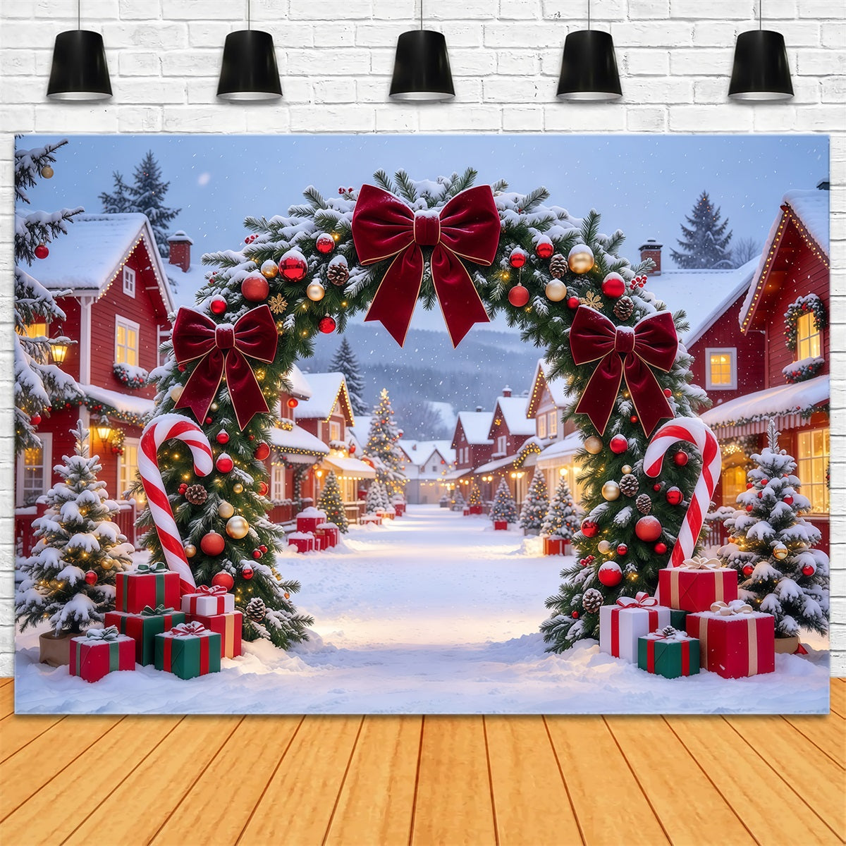 Christmas Village Backdrops Burgundy Bow Candy Cane Arch Christmas Themed Backdrops GQ610-62
