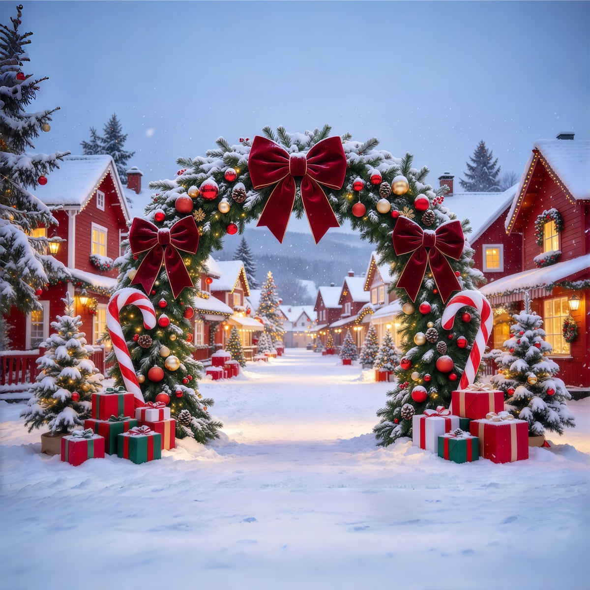 Christmas Village Backdrops Burgundy Bow Candy Cane Arch Christmas Themed Backdrops GQ610-62