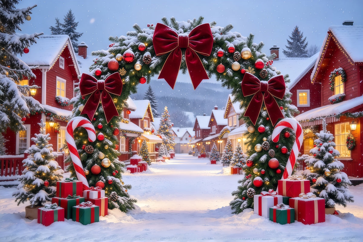 Christmas Village Backdrops Burgundy Bow Candy Cane Arch Christmas Themed Backdrops GQ610-62