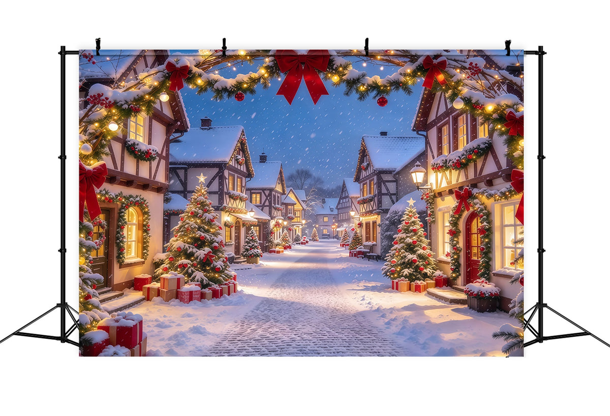 Christmas Village Backdrops Red Bow Snowy Arch Gateway Xmas Backdrops GQ610-64