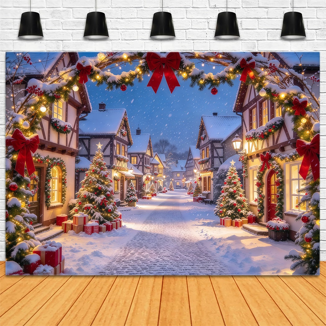 Christmas Village Backdrops Red Bow Snowy Arch Gateway Xmas Backdrops GQ610-64