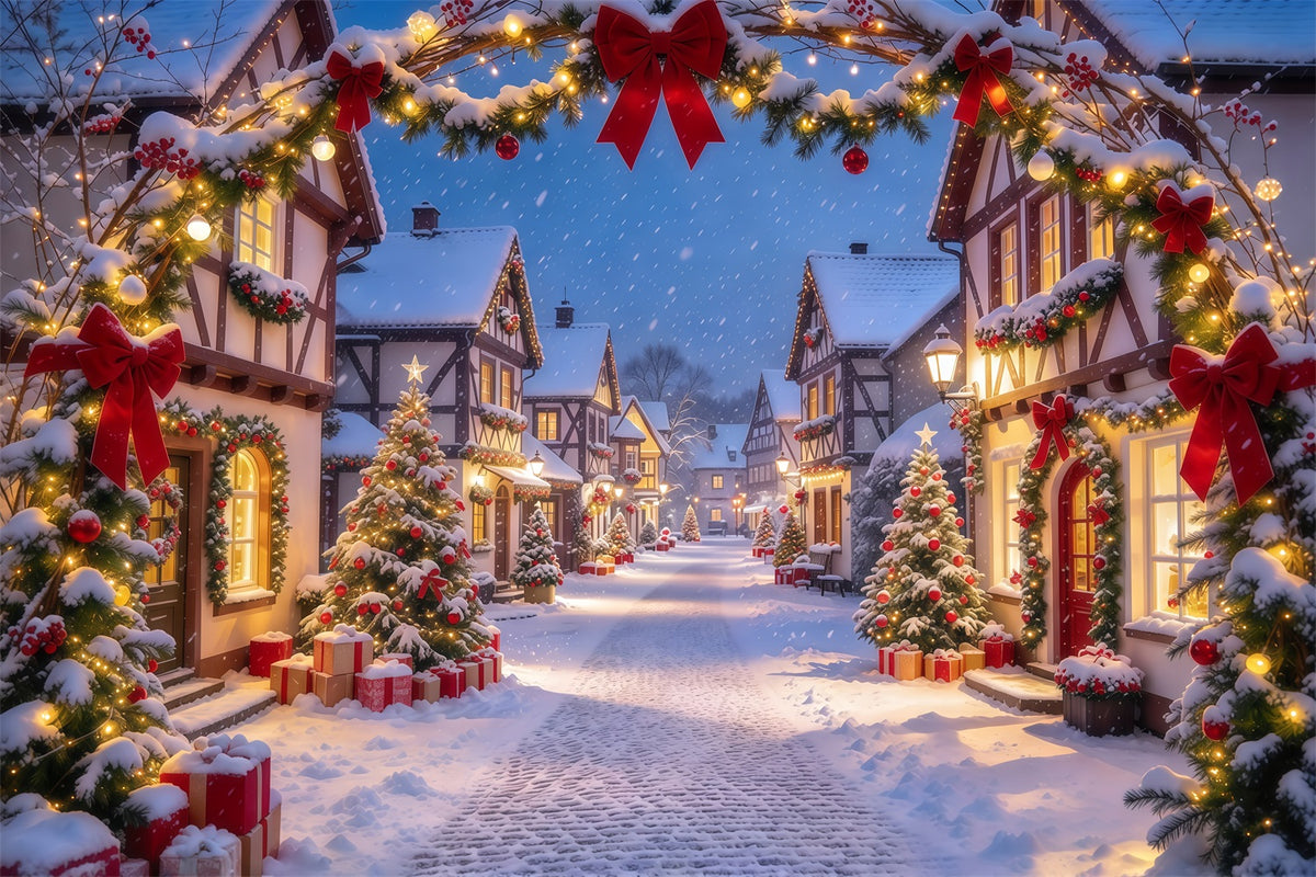 Christmas Village Backdrops Red Bow Snowy Arch Gateway Xmas Backdrops GQ610-64