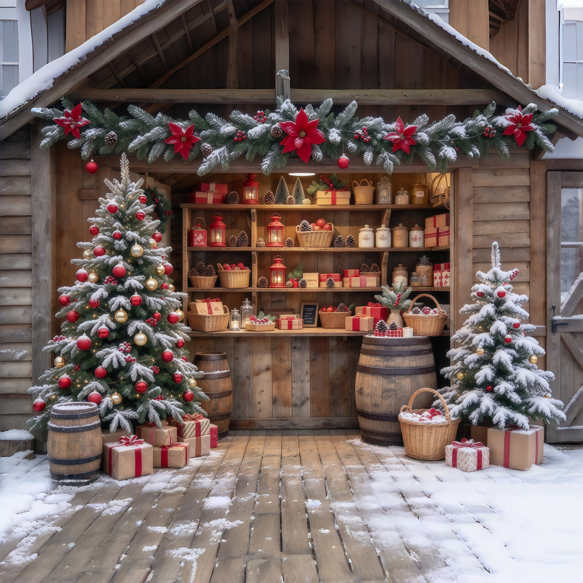 Christmas Store Backdrop Snowy Rustic Gift Shop Christmas Backdrop for Pictures GQ610-65