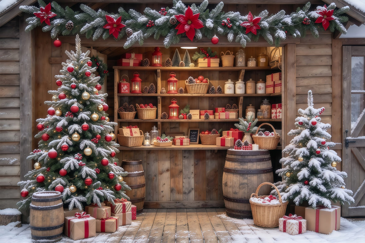 Christmas Store Backdrop Snowy Rustic Gift Shop Christmas Backdrop for Pictures GQ610-65