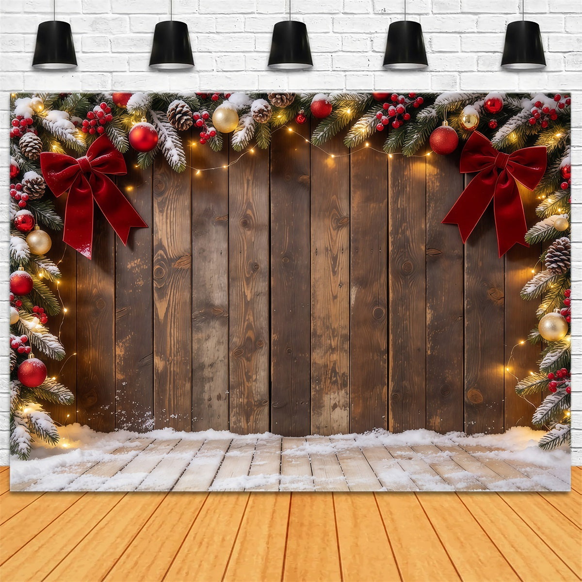 Christmas Backdrop Rustic Wood Bow Ornament Frame Christmas Theme Backdrop GQ610-66