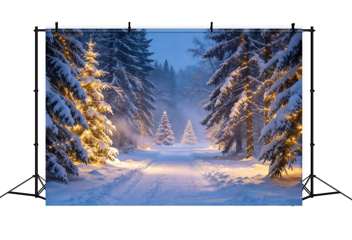 Christmas Tree Forest Backdrop Glowing Snowy Evergreen Trail Christmas Party Photo Backdrop GQ610-67