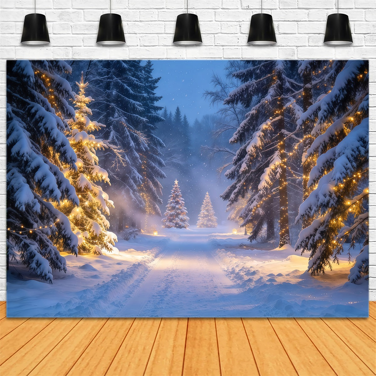 Christmas Tree Forest Backdrop Glowing Snowy Evergreen Trail Christmas Party Photo Backdrop GQ610-67