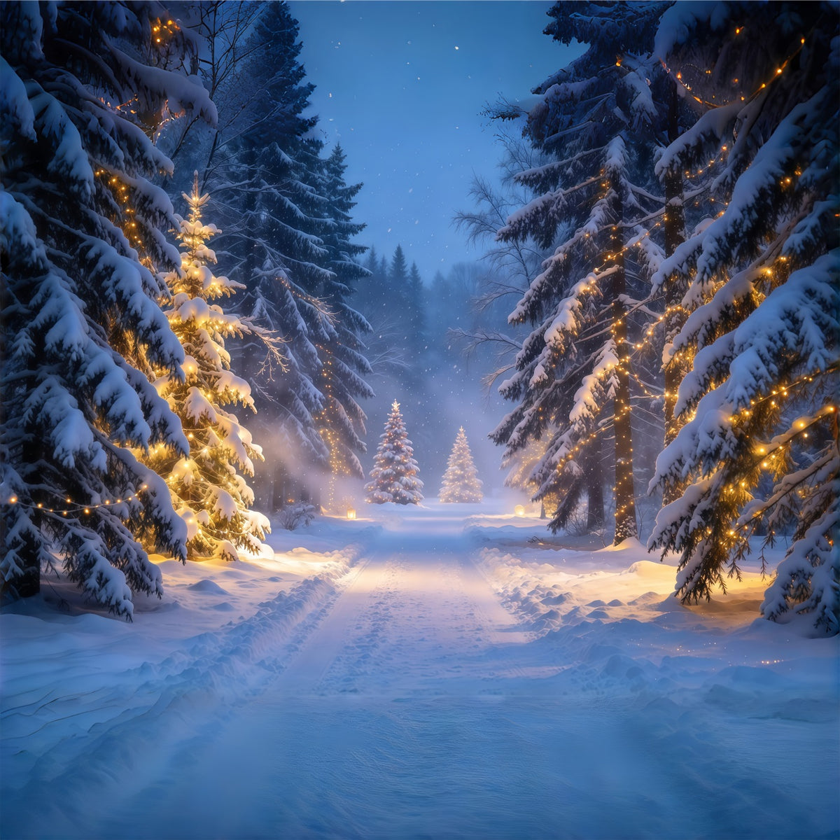 Christmas Tree Forest Backdrop Glowing Snowy Evergreen Trail Christmas Party Photo Backdrop GQ610-67