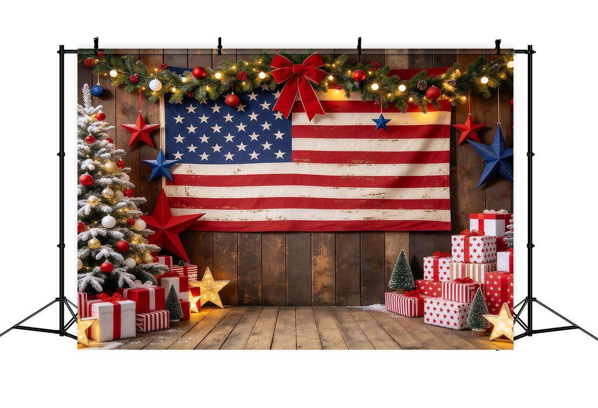 Country Christmas Backdrop Rustic Flag Gift Display Christmas Tree Photography Backdrop GQ610-68