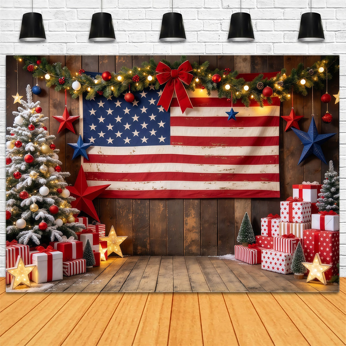 Country Christmas Backdrop Rustic Flag Gift Display Christmas Tree Photography Backdrop GQ610-68