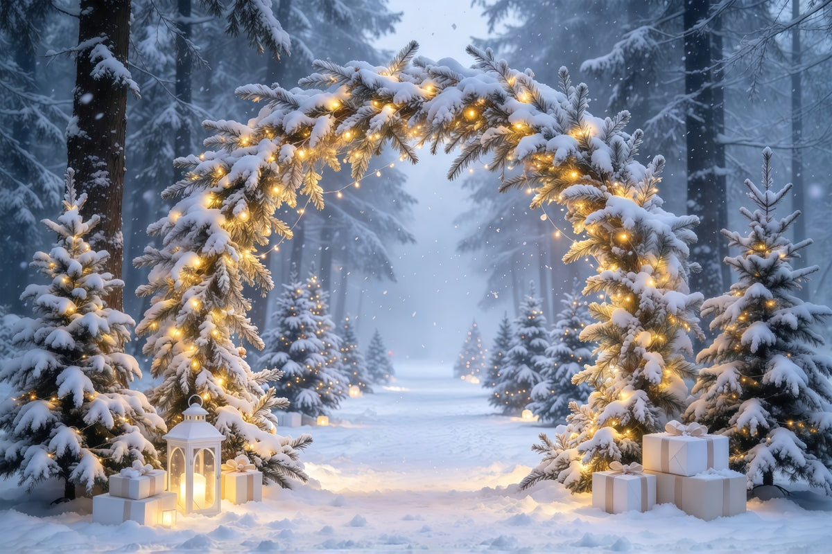 Christmas Backdrops for Photos Snowy Illuminated Evergreen Arch Winter Wonderland Christmas Backdrop GQ610-69
