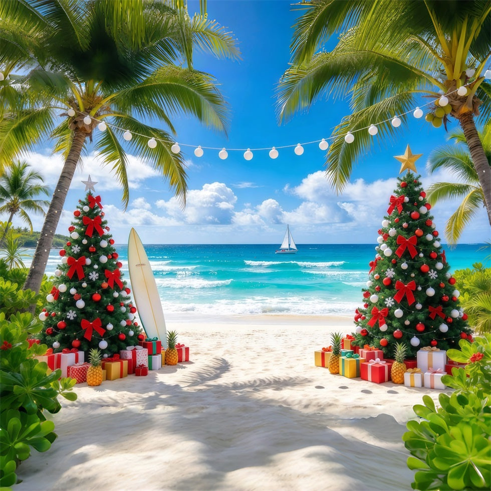 Tropical Christmas Backdrop Palm Sea Beach Surfboard Christmas Backdrops for Photos GQ610-7