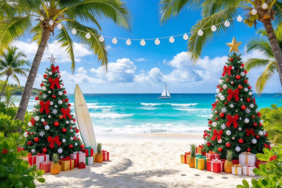 Tropical Christmas Backdrop Palm Sea Beach Surfboard Christmas Backdrops for Photos GQ610-7
