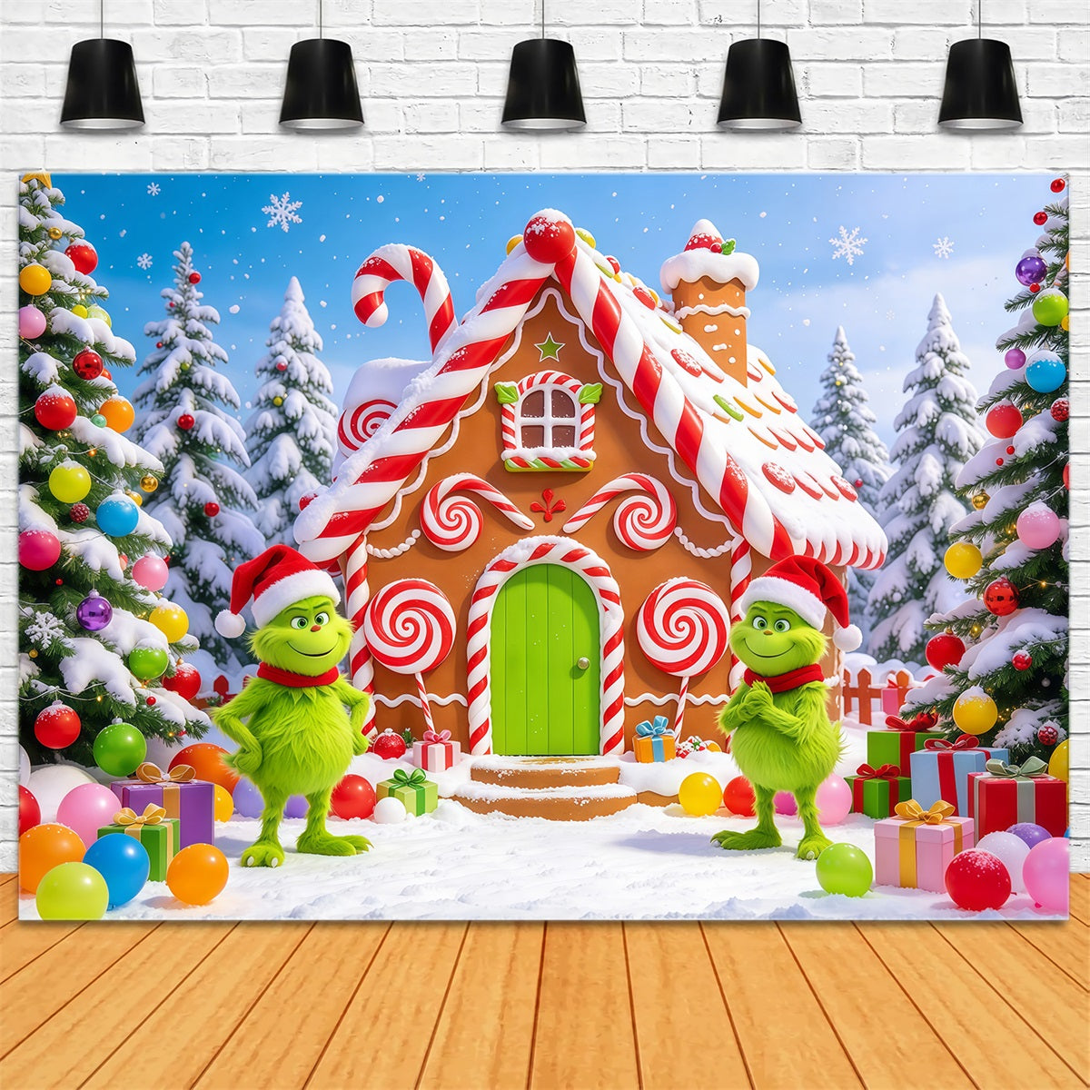 Grinch Backdrop Green Mischief Gingerbread Cottage Christmas Backdrops for Pictures GQ610-70
