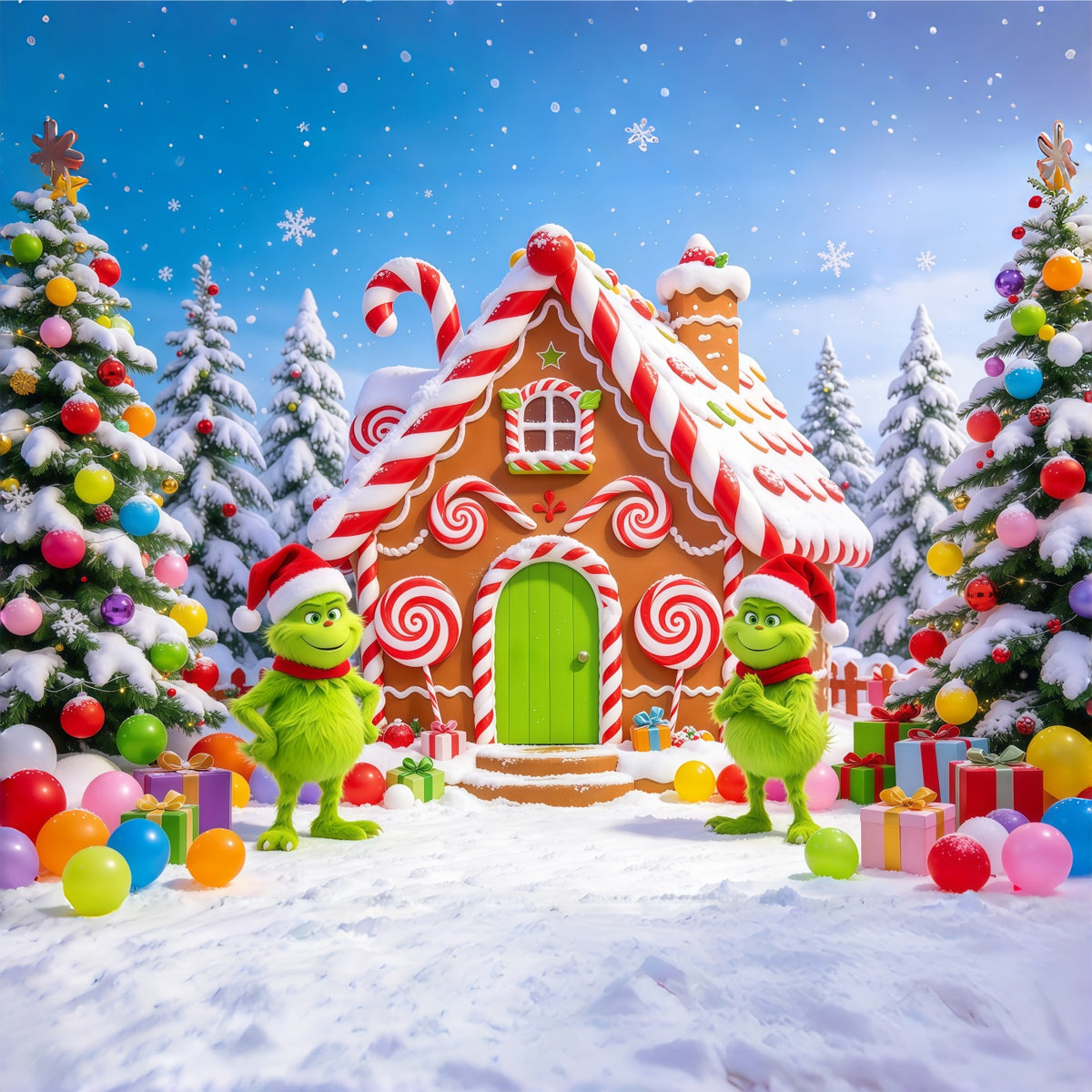 Grinch Backdrop Green Mischief Gingerbread Cottage Christmas Backdrops for Pictures GQ610-70