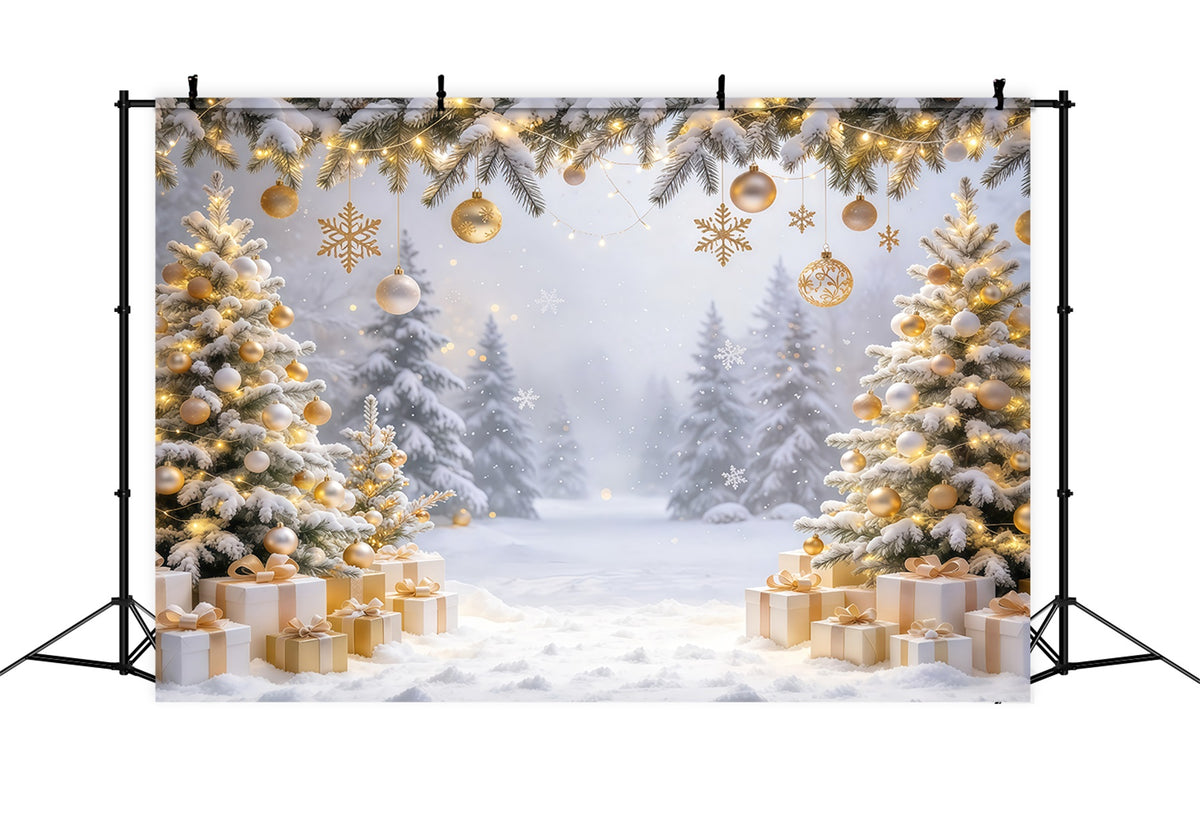 Christmas Backdrop for Photos Golden Ornament Snowy Forest Christmas Card Backdrop GQ610-71