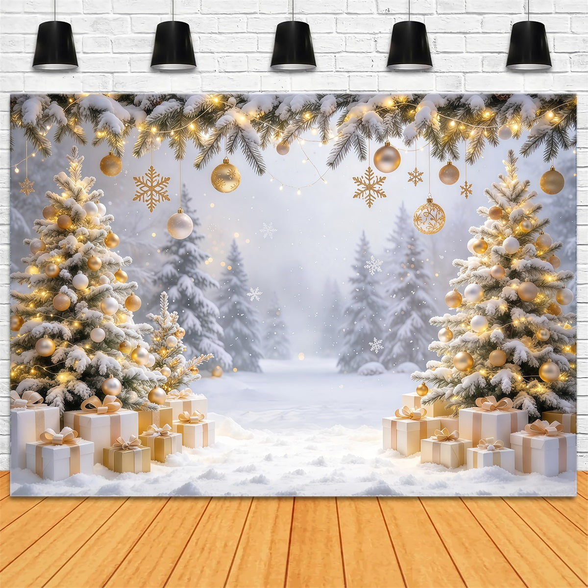 Christmas Backdrop for Photos Golden Ornament Snowy Forest Christmas Card Backdrop GQ610-71