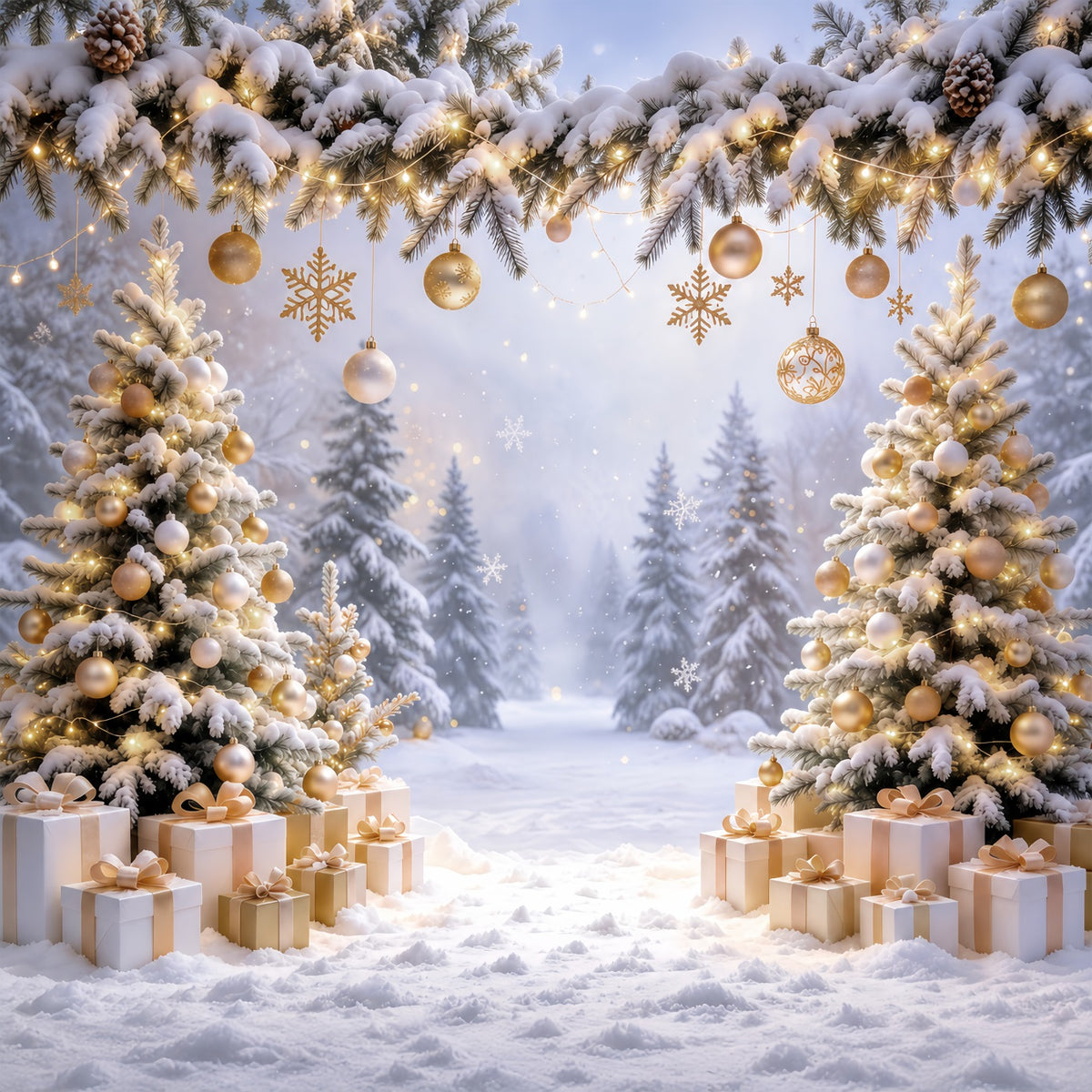 Christmas Backdrop for Photos Golden Ornament Snowy Forest Christmas Card Backdrop GQ610-71