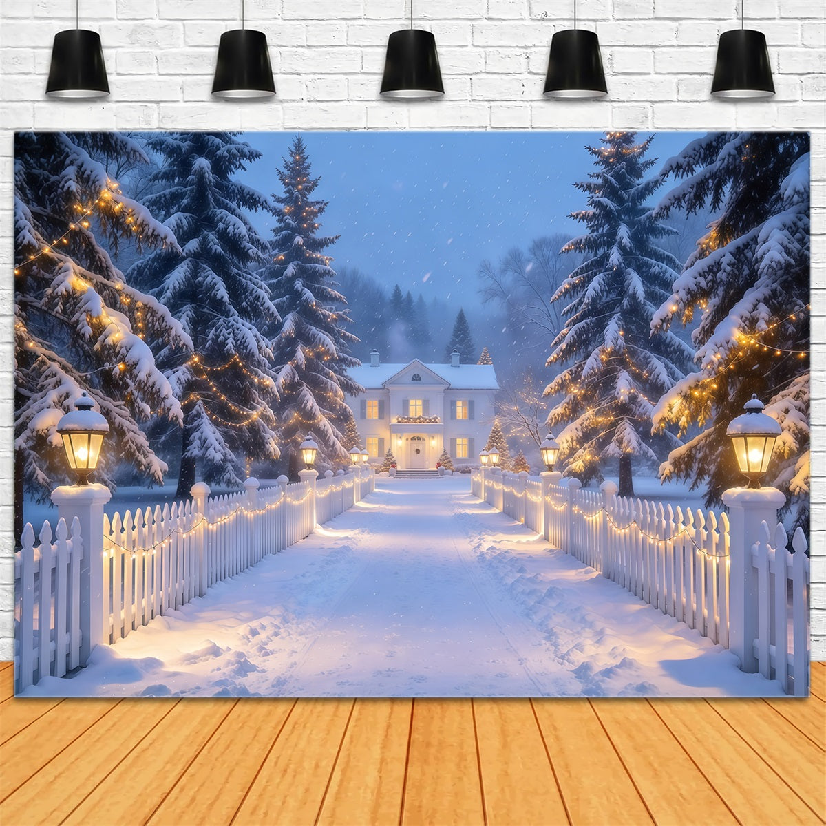 Christmas Lights Photo Backdrop Snowy Lantern Picket Path Christmas Photobooth Backdrop GQ610-72
