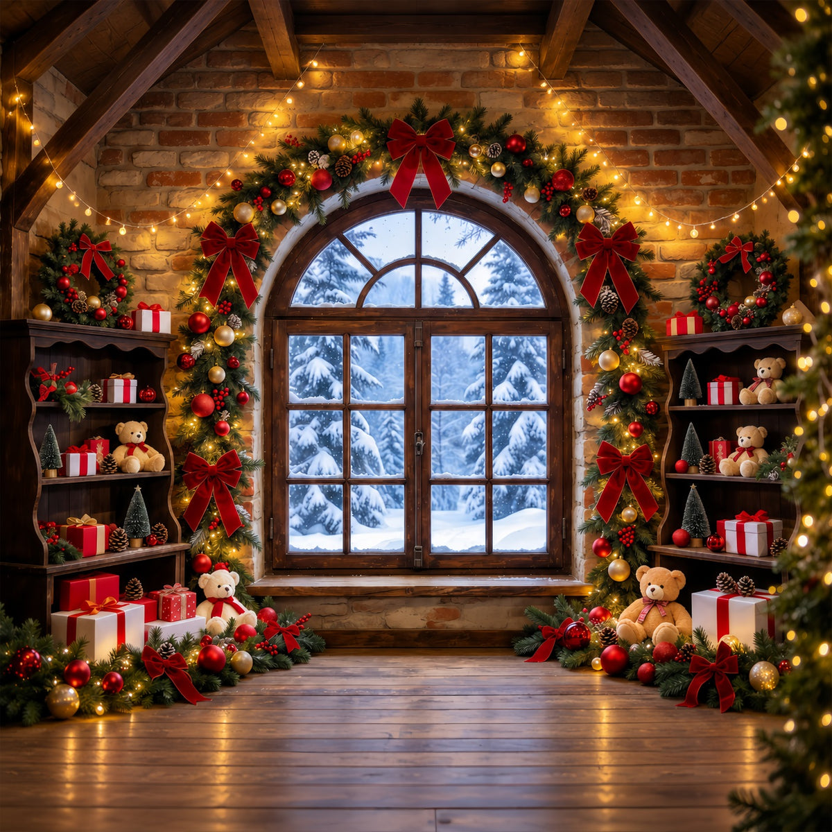 Christmas Window Backdrops Rustic Toy Room Interior Christmas Holiday Backdrop GQ610-74