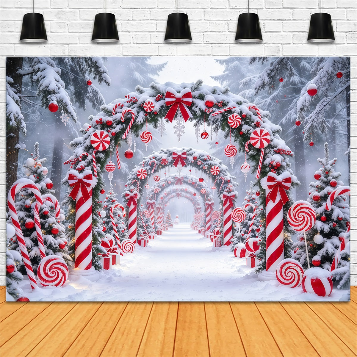Christmas Candy Cane Backdrop Peppermint Snowy Candyland Christmas Backdrops for Stage GQ610-76