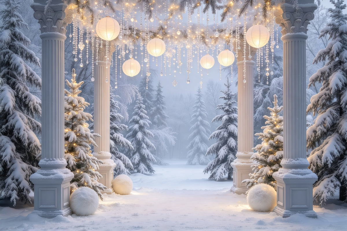 Christmas Forest Backdrop Snowy Column Lantern Archway Christmas Portrait Backdrop GQ610-77