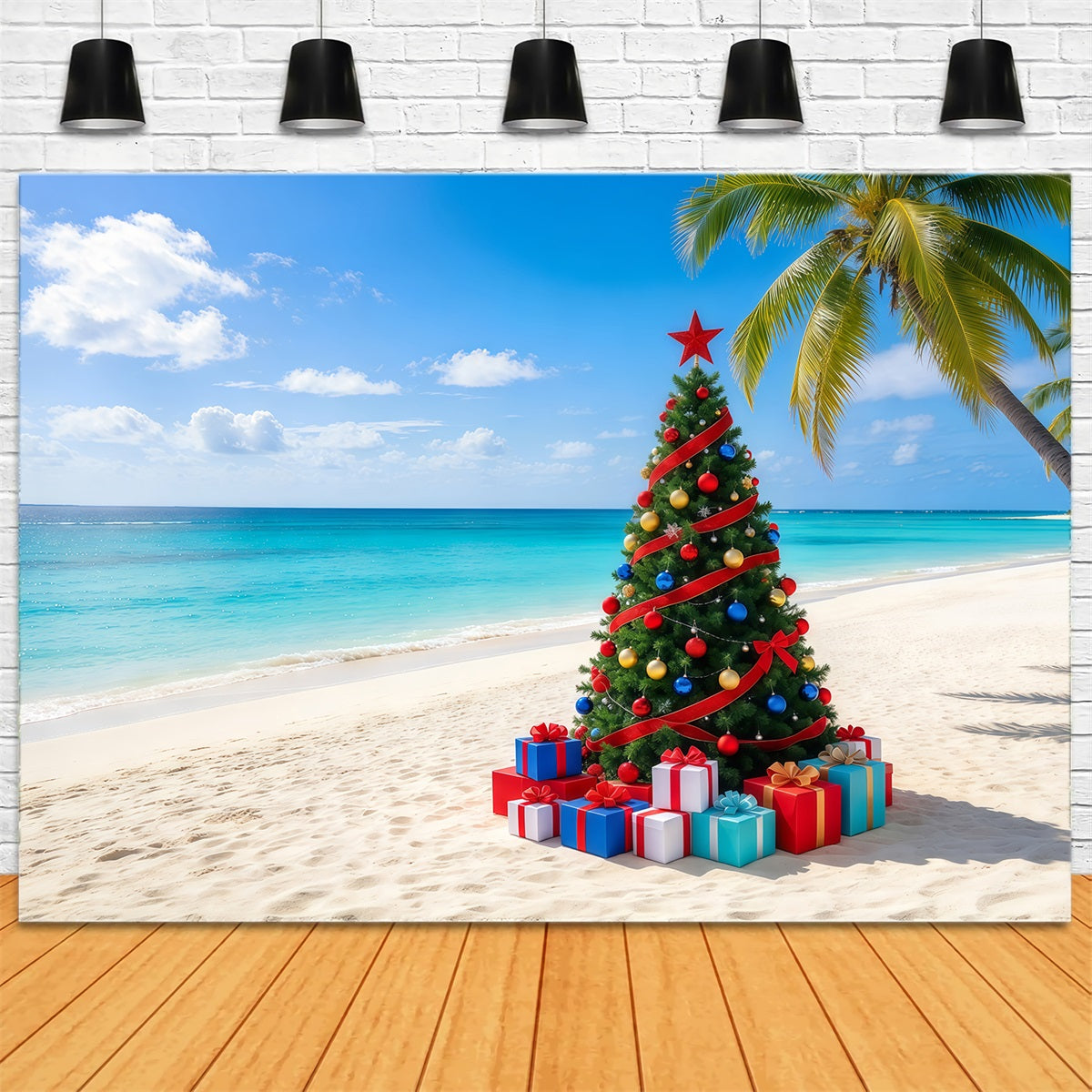 Christmas Tree Backdrops Tropical Beach Decorated Tree Christmas Themed Backdrop GQ610-79