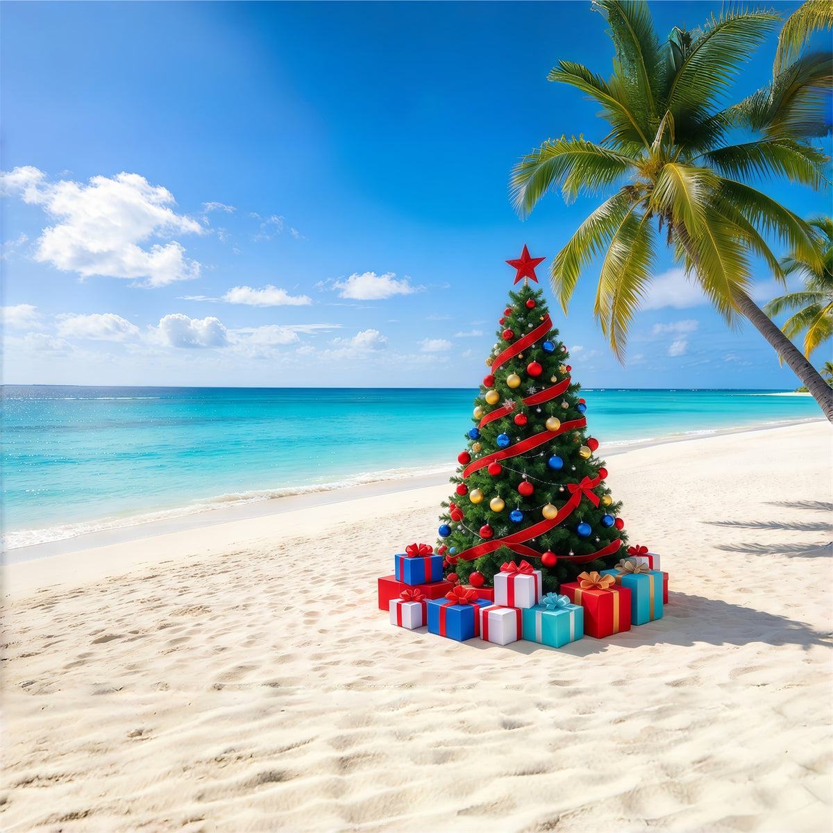 Christmas Tree Backdrops Tropical Beach Decorated Tree Christmas Themed Backdrop GQ610-79