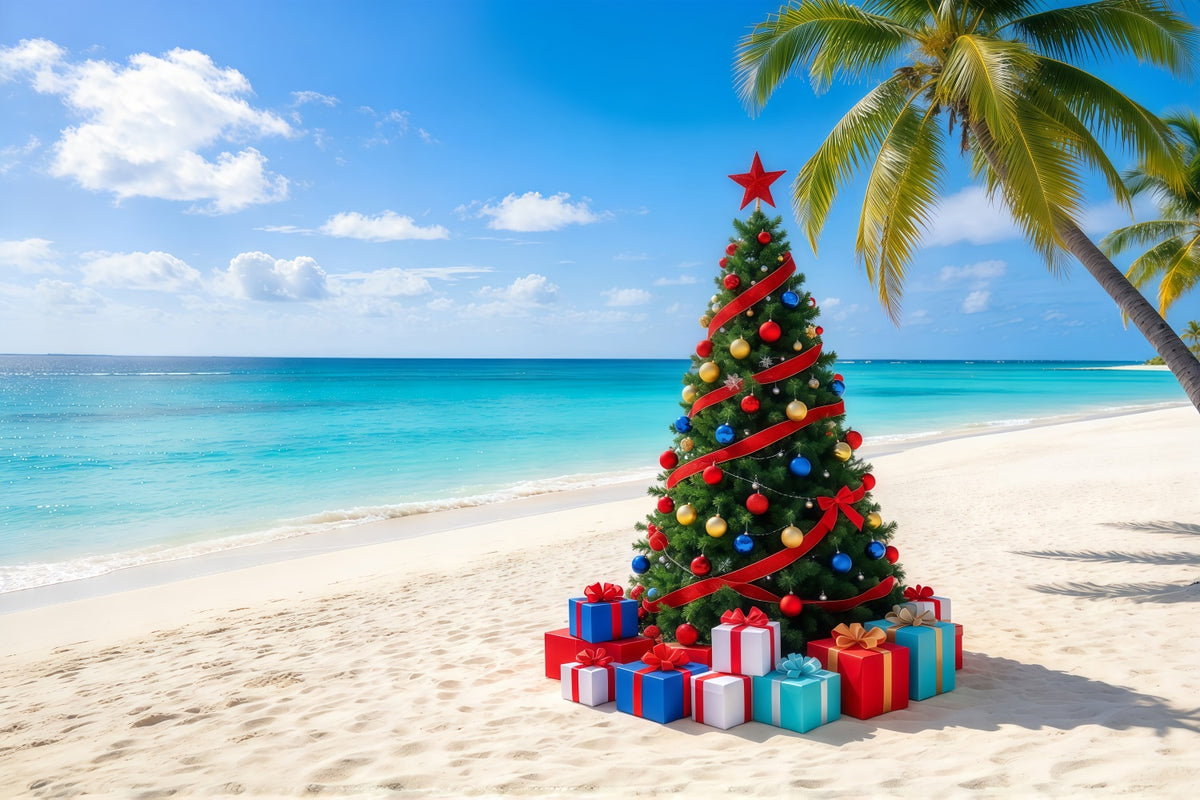 Christmas Tree Backdrops Tropical Beach Decorated Tree Christmas Themed Backdrop GQ610-79