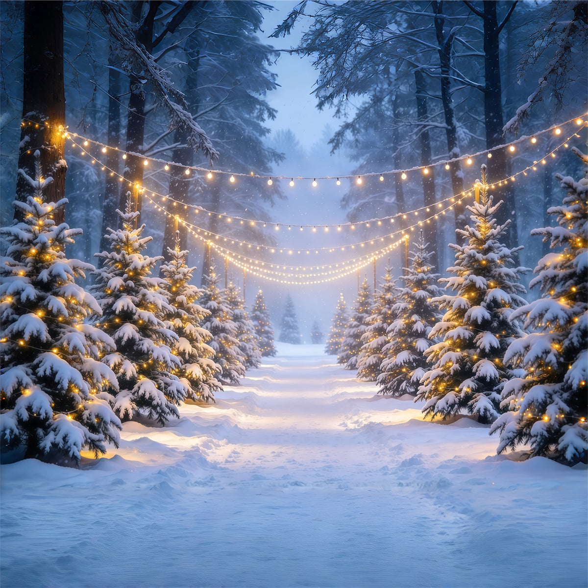 Christmas Tree Forest Backdrop Snowy Forest Glowing Lights Christmas Picture Backdrops GQ610-80