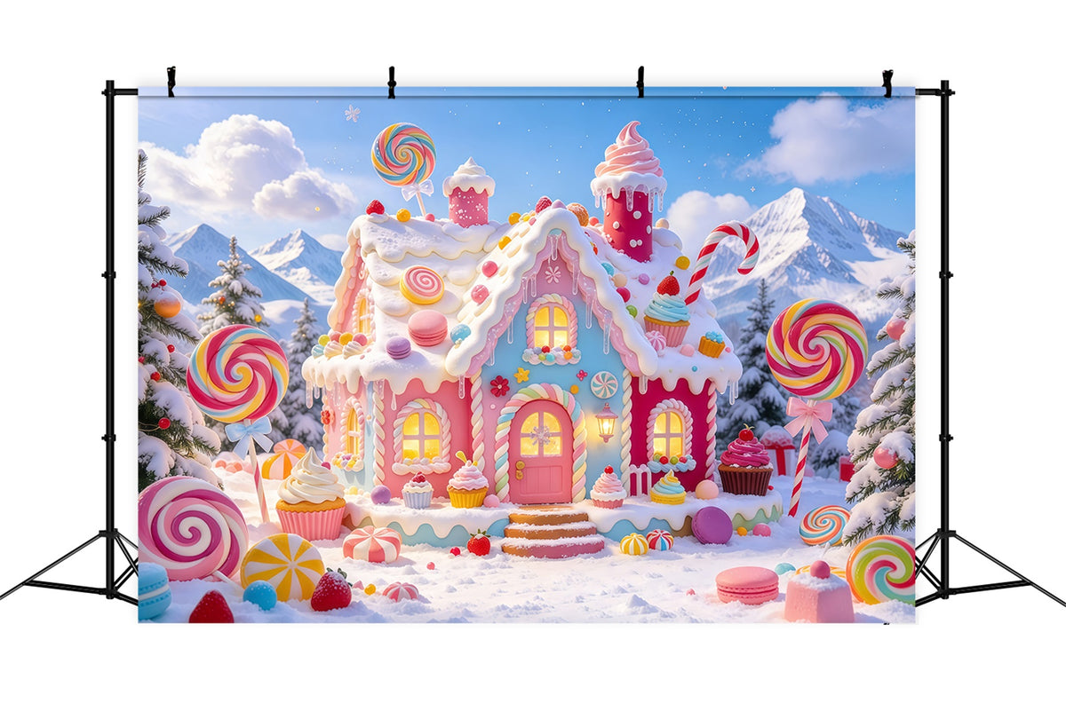 Gingerbread House Backdrop Snowy Pastel Candy Cottage Christmas Wall Backdrops GQ610-82