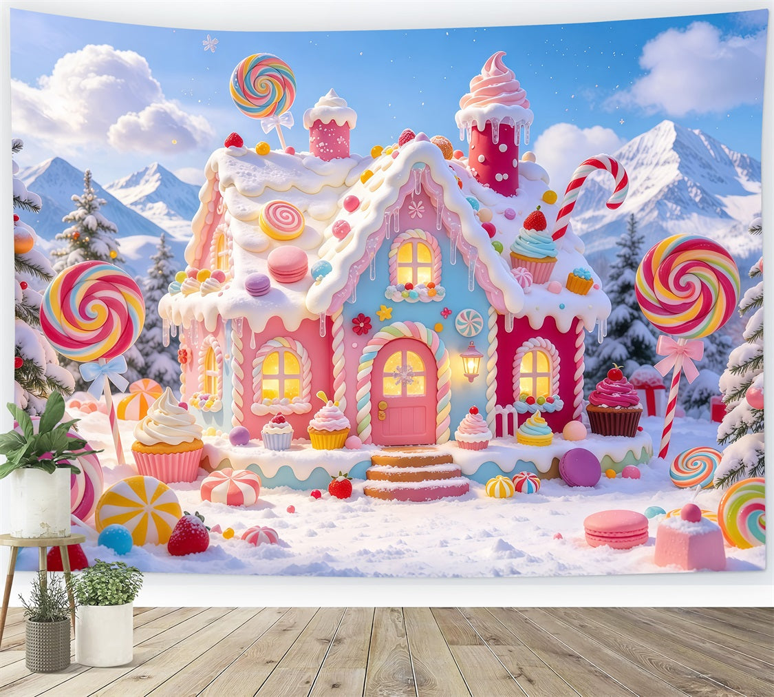 Gingerbread House Backdrop Snowy Pastel Candy Cottage Christmas Wall Backdrops GQ610-82
