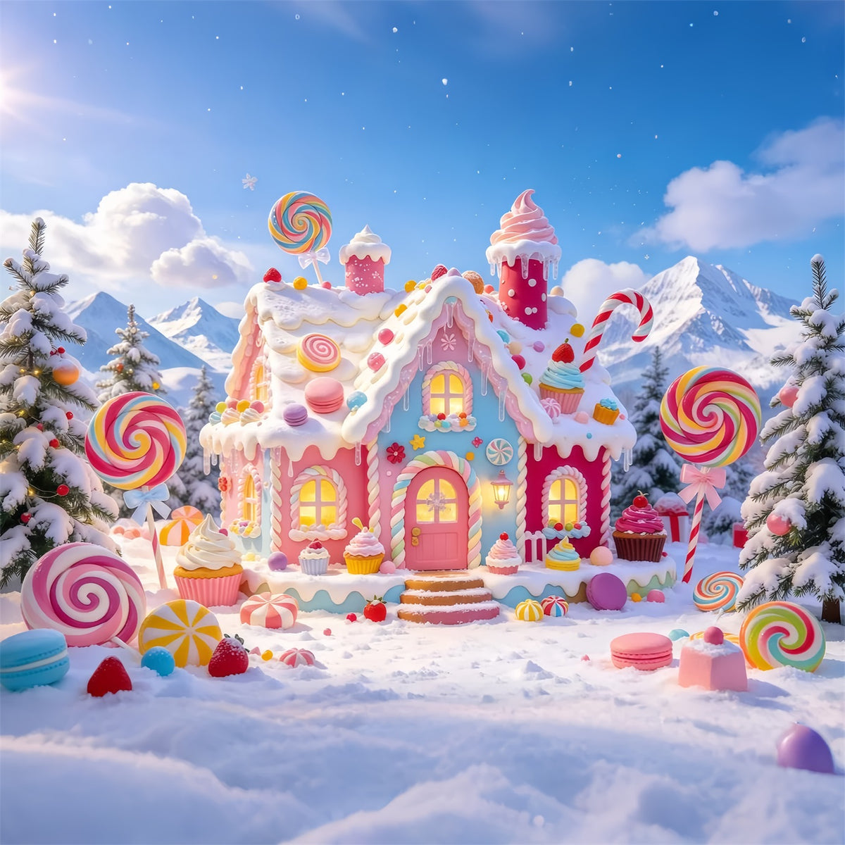 Gingerbread House Backdrop Snowy Pastel Candy Cottage Christmas Wall Backdrops GQ610-82