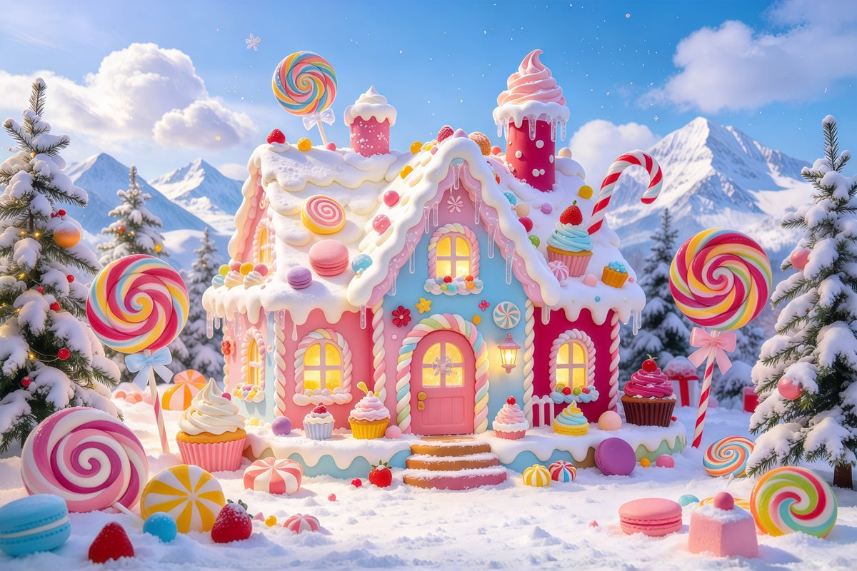Gingerbread House Backdrop Snowy Pastel Candy Cottage Christmas Wall Backdrops GQ610-82