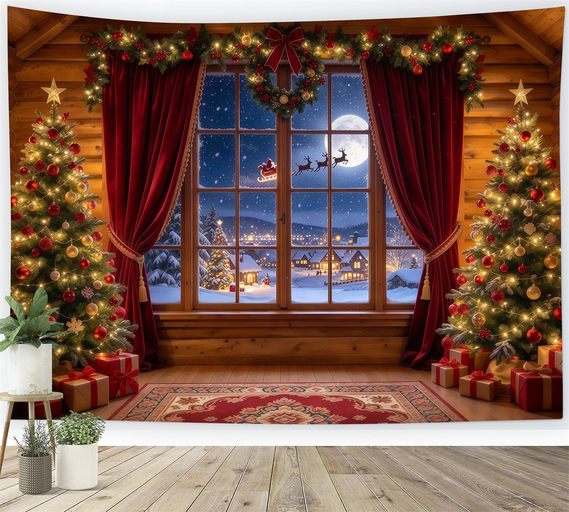 Santa Backdrop Rustic Cabin Santa Window Christmas Scene Backdrops GQ610-83