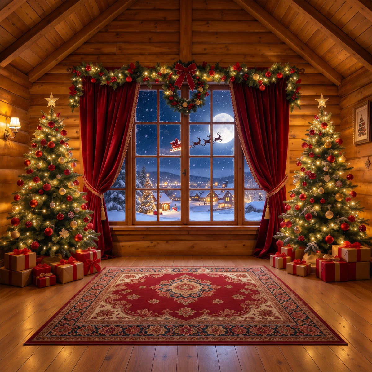 Santa Backdrop Rustic Cabin Santa Window Christmas Scene Backdrops GQ610-83