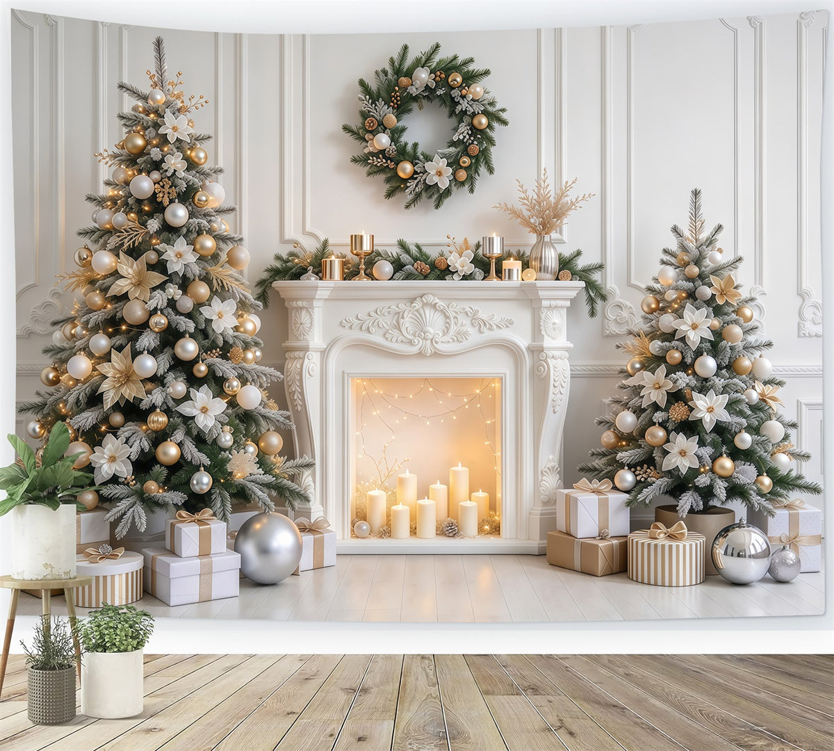 Christmas Photo Backdrop Elegant White Gold Fireplace Christmas Backdrop for Photoshoot GQ610-84