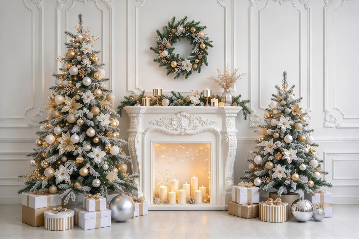 Christmas Photo Backdrop Elegant White Gold Fireplace Christmas Backdrop for Photoshoot GQ610-84